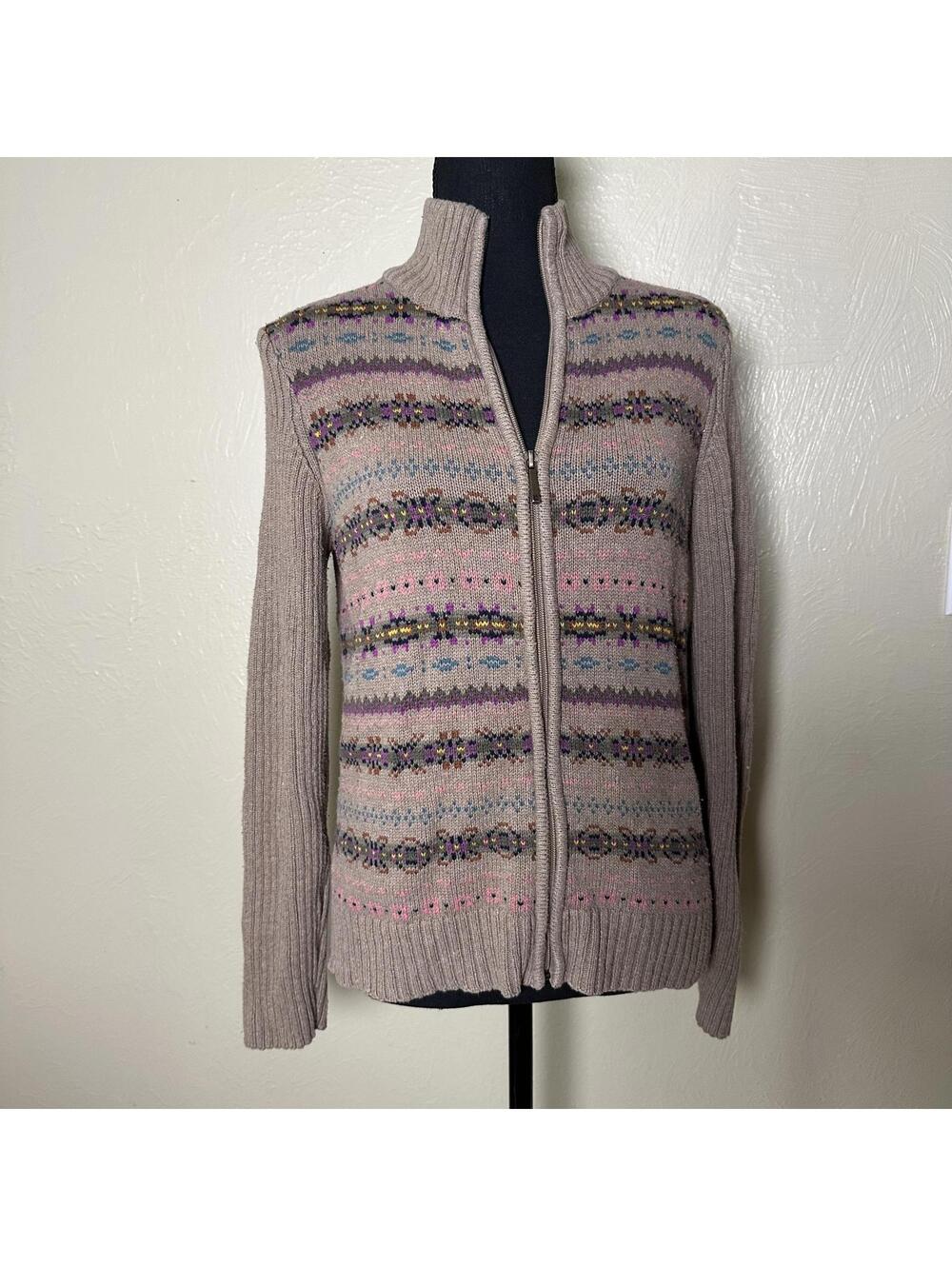 Chaps Cotton Blend Zip Cardigan Ribbed Sleeve Neutral Cottagecore Sweater - Picture 6 of 7